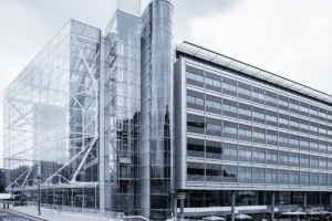 Modern commercial office building with glass and concrete façades