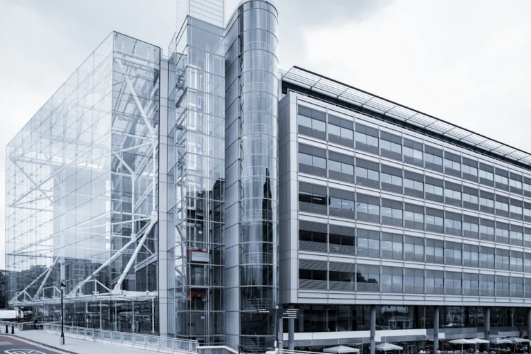 Modern commercial office building with glass and concrete façades