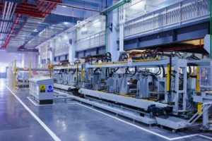Automated manufacturing equipment inside an industrial production facility