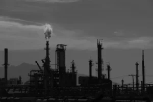 Processing towers and pipework at an oil and gas refinery