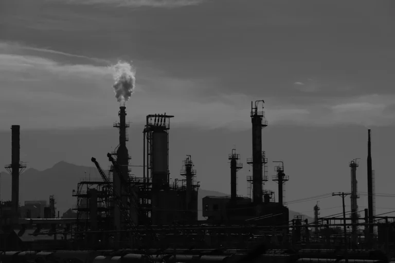 Processing towers and pipework at an oil and gas refinery