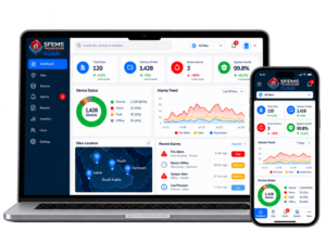 SFEMS CLOUD monitoring application dashboard displayed on laptop and smartphone