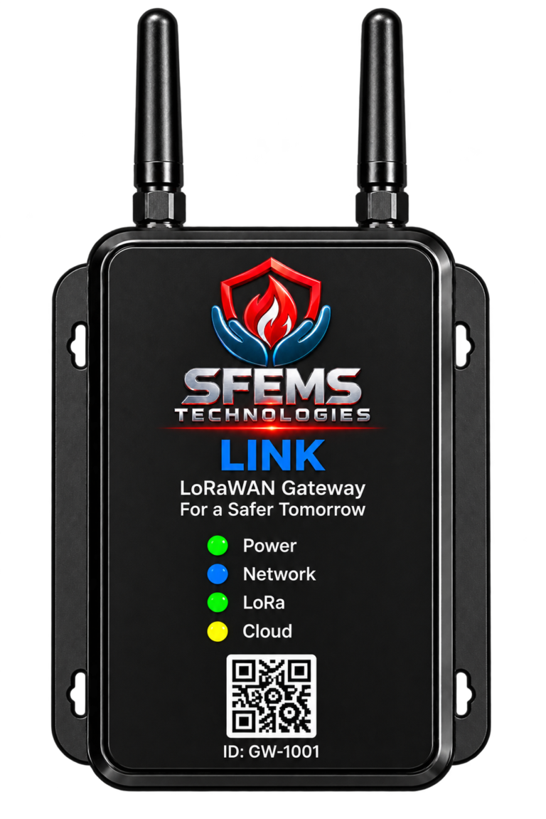 SFEMS LINK LoRaWAN gateway with dual antennas for connected fire extinguisher monitoring