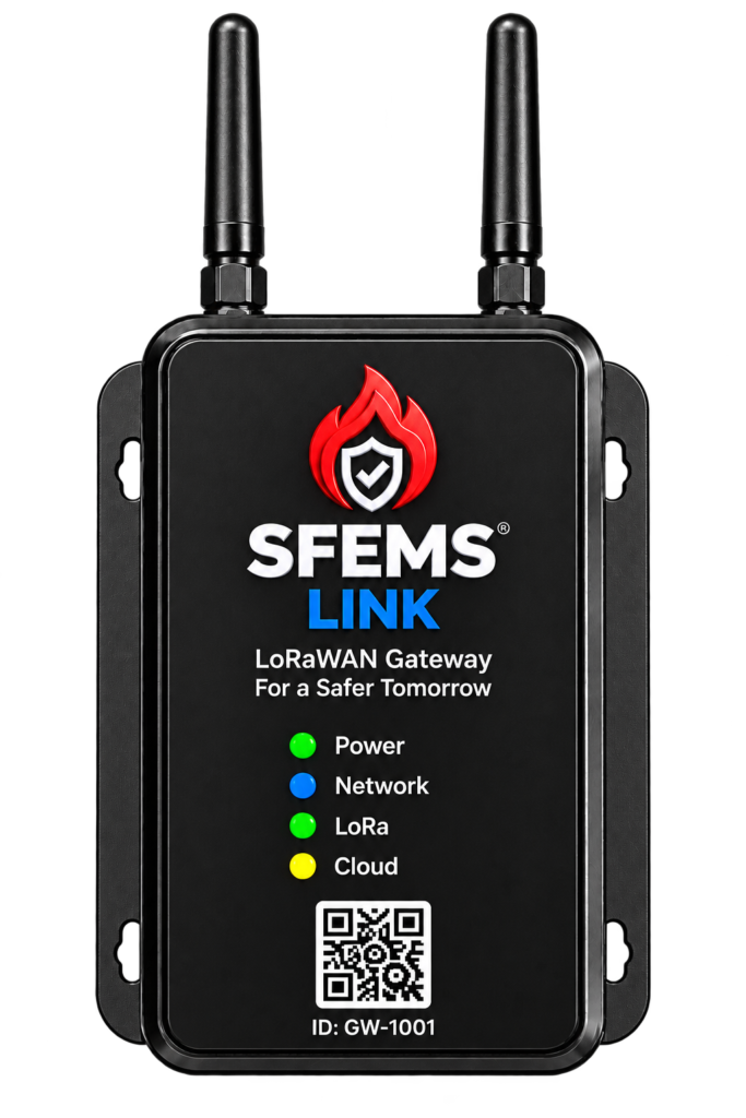 SFEMS LINK LoRaWAN gateway with dual antennas for connected fire extinguisher monitoring