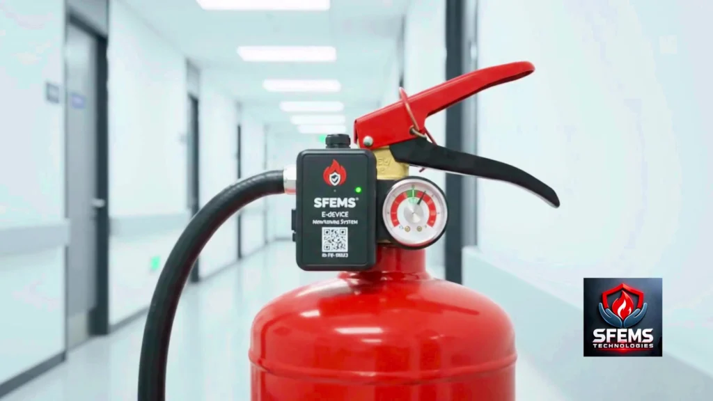 SFEMS E-device fitted beside the pressure gauge on a red fire extinguisher in a facility corridor